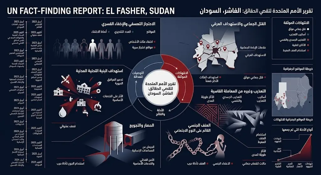 إنفوجرافيك صحفي يستعرض تفاصيل تقرير الأمم المتحدة حول الانتهاكات الجسيمة والموثقة في مدينة الفاشر.