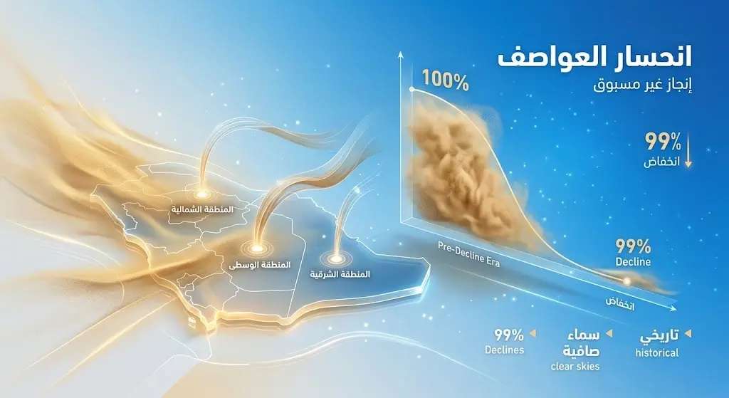 إنفوجرافيك حديث يوضح بالتفصيل نسب انحسار العواصف الغبارية في مناطق الحدود الشمالية، والوسطى، والشرقية في المملكة العربية السعودية.
