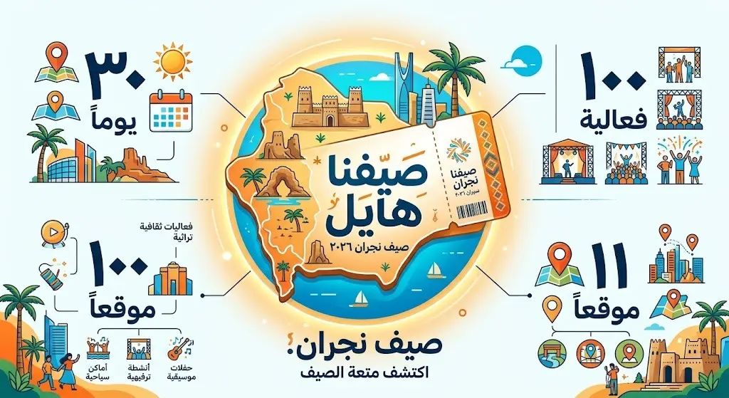 إنفوجرافيك عصري يبرز أرقام وتفاصيل انطلاق مهرجان صيف نجران 2026 وعدد الفعاليات والمواقع.