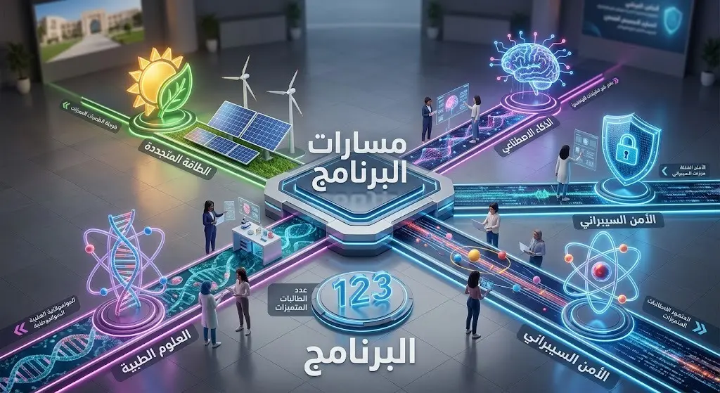 إنفوجرافيك ثلاثي الأبعاد يستعرض المسارات العلمية الخمسة لبرنامج موهبة الصيفي 2026 وهي الذكاء الاصطناعي، الأمن السيبراني، الطاقة المتجددة، الفيزياء، والعلوم الطبية، بمشاركة 123 طالبة.