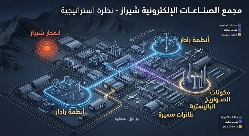إنفوجرافيك يوضح موقع مجمع الصناعات الإلكترونية في شيراز وتخصصاته العسكرية الاستراتيجية وموقع الانفجار.