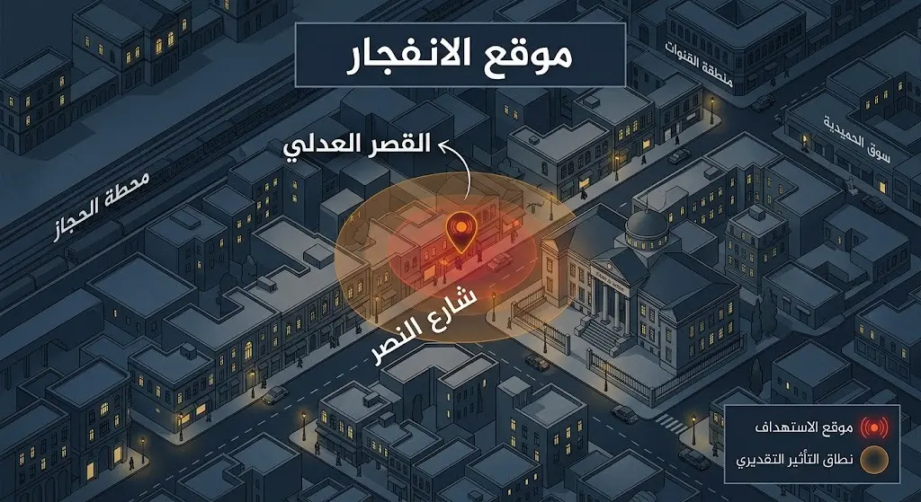 خريطة توضيحية ثلاثية الأبعاد تظهر موقع الانفجار في شارع النصر قرب القصر العدلي بمنطقة الحجاز.