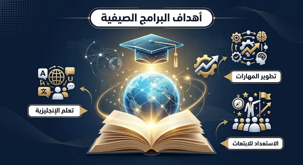 تصميم بصري وإبداعي يبرز أهداف البرامج الصيفية المتمثلة في تعلم اللغة الإنجليزية وتطوير مهارات الطلاب.