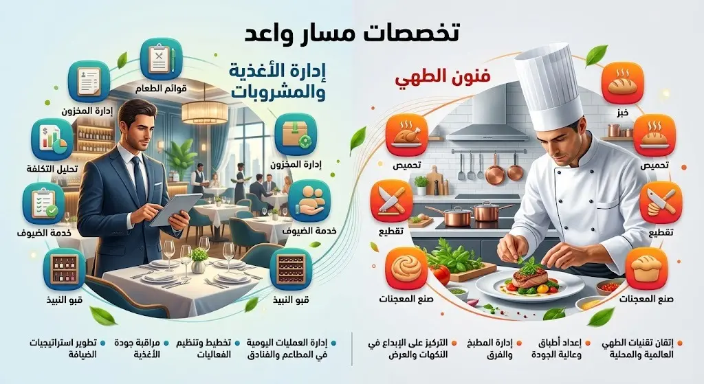 تصميم بصري يوضح تخصصات دبلوم مسار واعد السياحي مقسمة إلى فنون الطهي وإدارة الأغذية والمشروبات