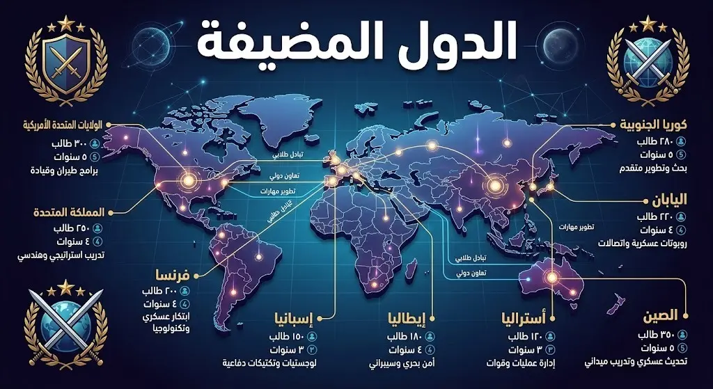 إنفوجرافيك احترافي يعرض خريطة الدول التسع المضيفة لبرنامج الابتعاث العسكري الخارجي، مع تفاصيل أعداد الطلاب ومدة الدراسة.