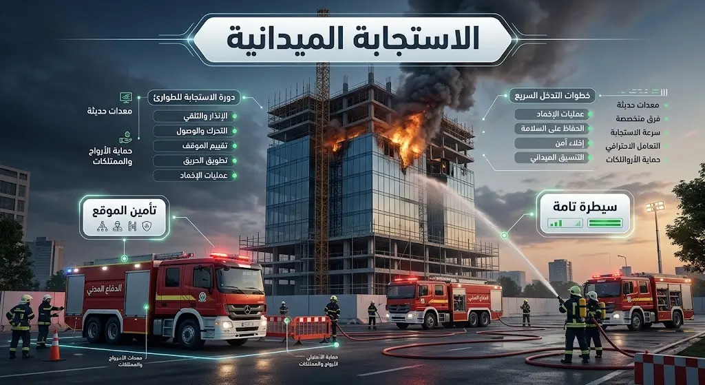 تصميم يدمج بين المشهد التعبيري والإنفوجرافيك يبرز سرعة استجابة فرق الدفاع المدني وتأمينها لموقع الحريق في المبنى قيد الإنشاء.
