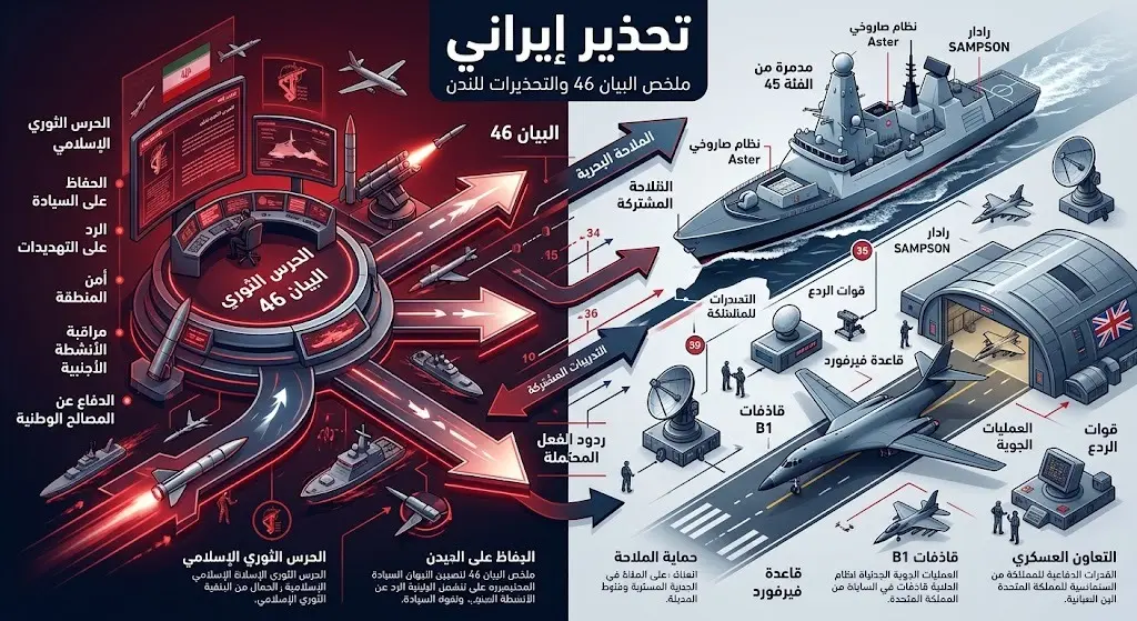 إنفوجرافيك تحليلي يستعرض تفاصيل البيان رقم 46 للحرس الثوري الإيراني وتحذيراته الصريحة لبريطانيا بشأن استخدام قاعدة فيرفورد الجوية.