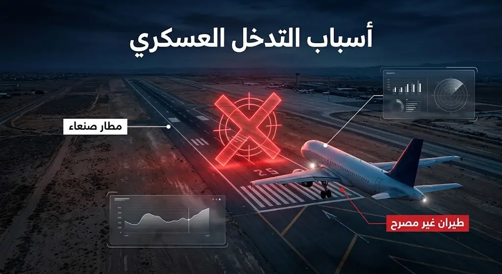 إنفوجرافيك إخباري يوضح استهداف وإغلاق مدرج مطار صنعاء لمنع الطيران غير المصرح له من الهبوط.