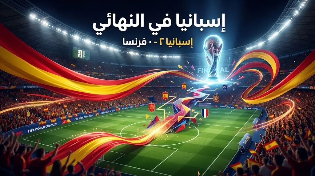 تصميم فني يوضح نتيجة مباراة نصف النهائي وتأهل إسبانيا لنهائي كأس العالم 2026