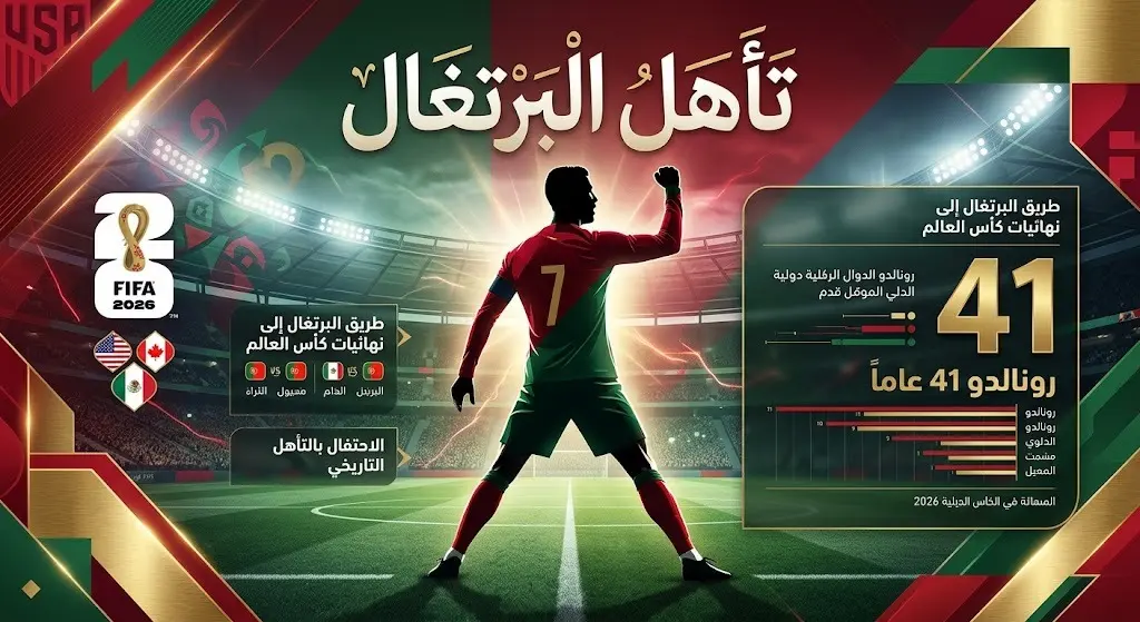 تصميم فني يبرز تأهل البرتغال لدور الـ16 في كأس العالم 2026 وتحطيم رونالدو للرقم القياسي كأكبر لاعب.