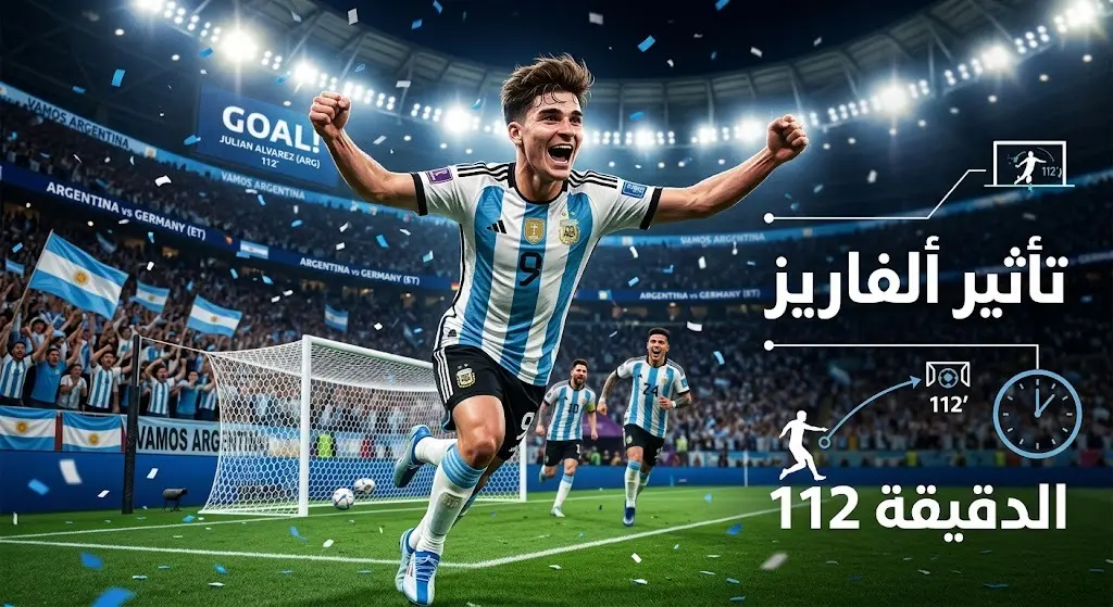 تصميم فني يبرز احتفال جوليان ألفاريز بهدف الحسم في الدقيقة 112 وتأثيره في تأهل الأرجنتين لنصف النهائي.