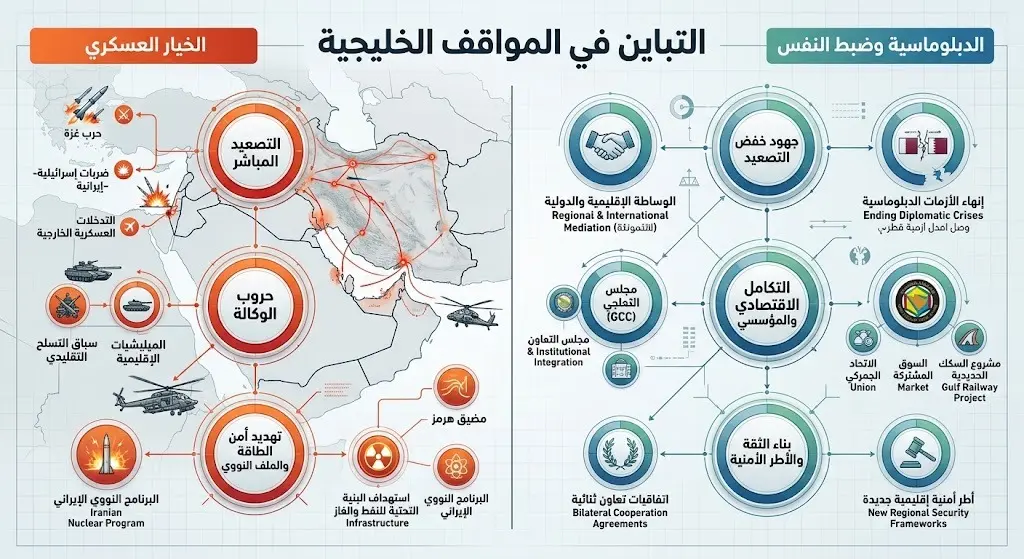 إنفوجرافيك يوضح التباين في المواقف الخليجية تجاه الأزمة الإيرانية بين خياري الدبلوماسية والتصعيد العسكري.