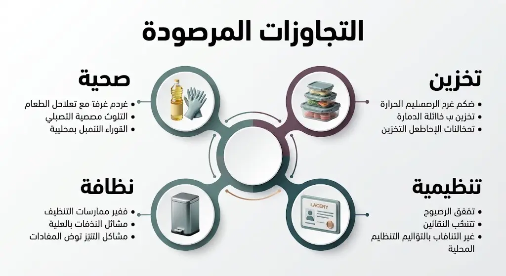تصميم بياني يوضح تصنيفات المخالفات المرصودة من صحية وتخزينية ونظافة وتنظيمية