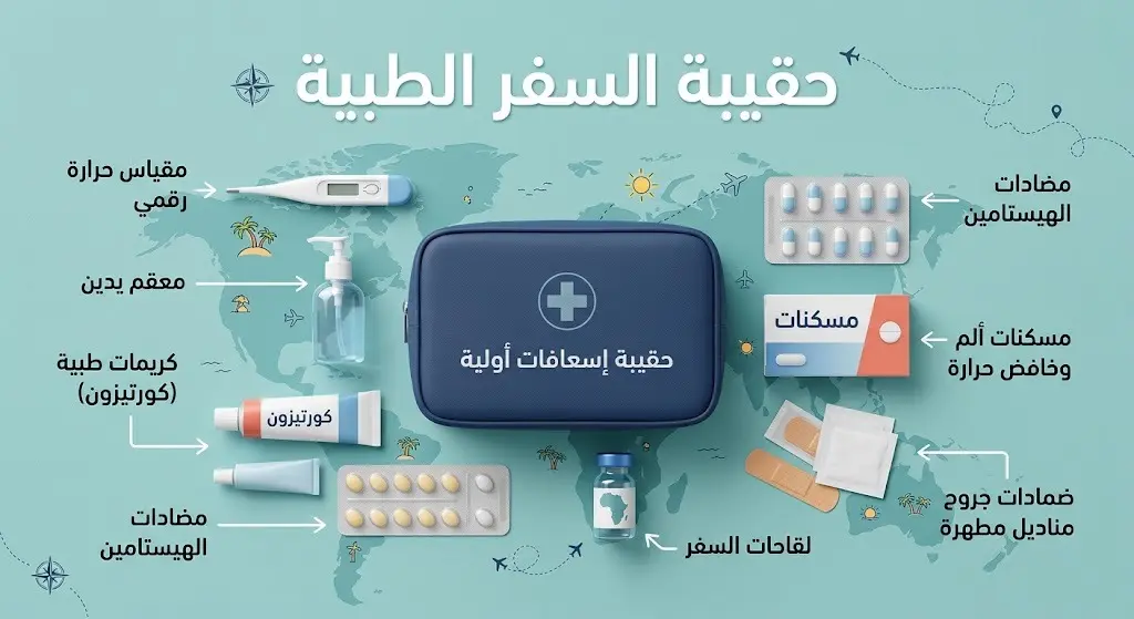 صورة إنفوجرافيك أنيقة تعرض محتويات الحقيبة الطبية الأساسية للسفر، وتشمل مقياس حرارة، معقمات، وأدوية ضرورية.