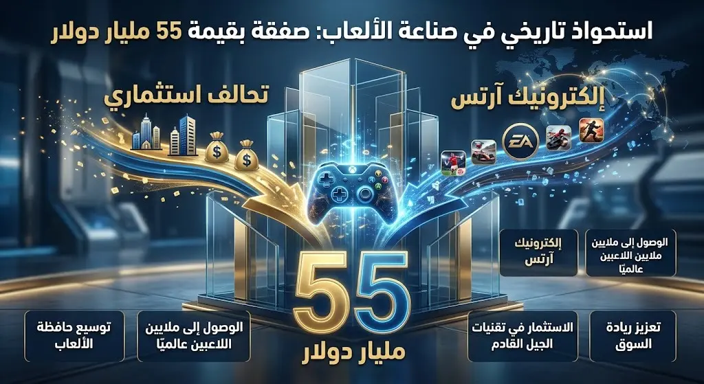 تصميم مرئي يبرز تفاصيل التحالف الاستثماري لصفقة الاستحواذ على إلكترونيك آرتس بقيمة 55 مليار دولار.