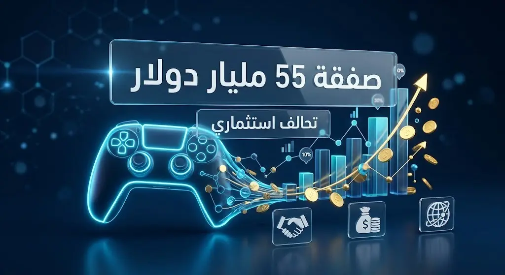 تصميم إنفوجرافيك يدمج بين أدوات الألعاب الإلكترونية والرسوم البيانية المالية لتمثيل صفقة استحواذ ضخمة