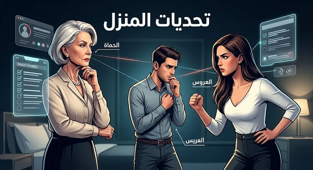 تصميم فني يجسد التوترات والتحديات بين الحماة والعروس والعريس داخل منزل برنامج قسمة ونصيب.