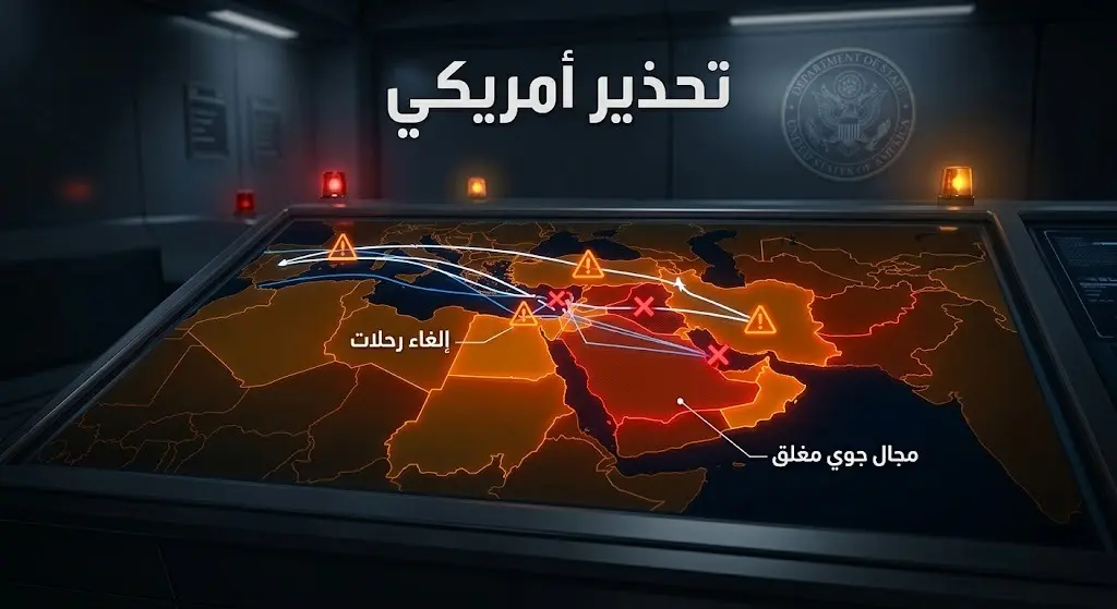 تصميم إنفوجرافيك يوضح خريطة رقمية للشرق الأوسط مع رموز التحذير باللونين الأحمر والأصفر، وإشارات تفيد بإغلاق المجالات الجوية وإلغاء الرحلات.