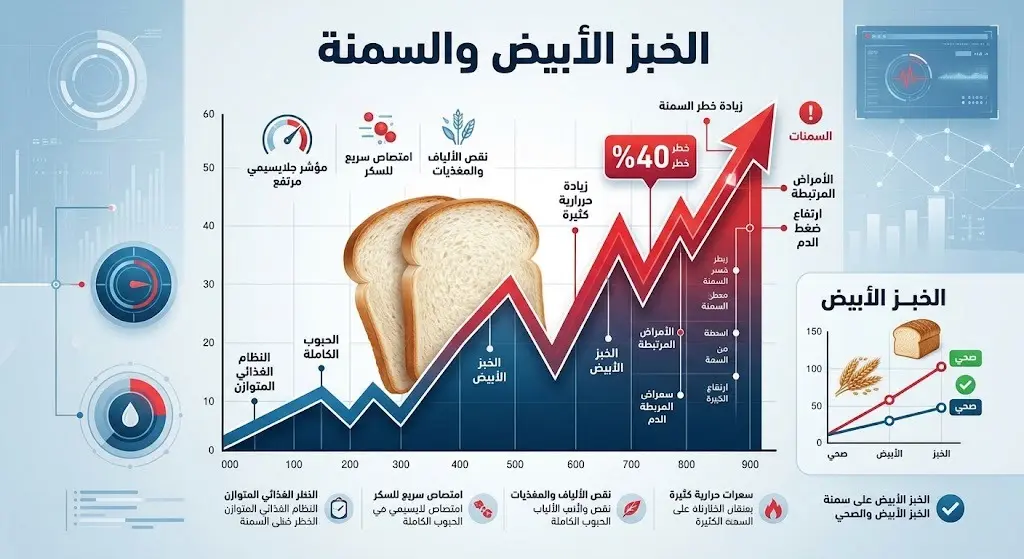 إنفوجرافيك طبي يبرز التحذير من تناول الخبز الأبيض وعلاقته برفع خطر الإصابة بالسمنة بنسبة 40 بالمئة.