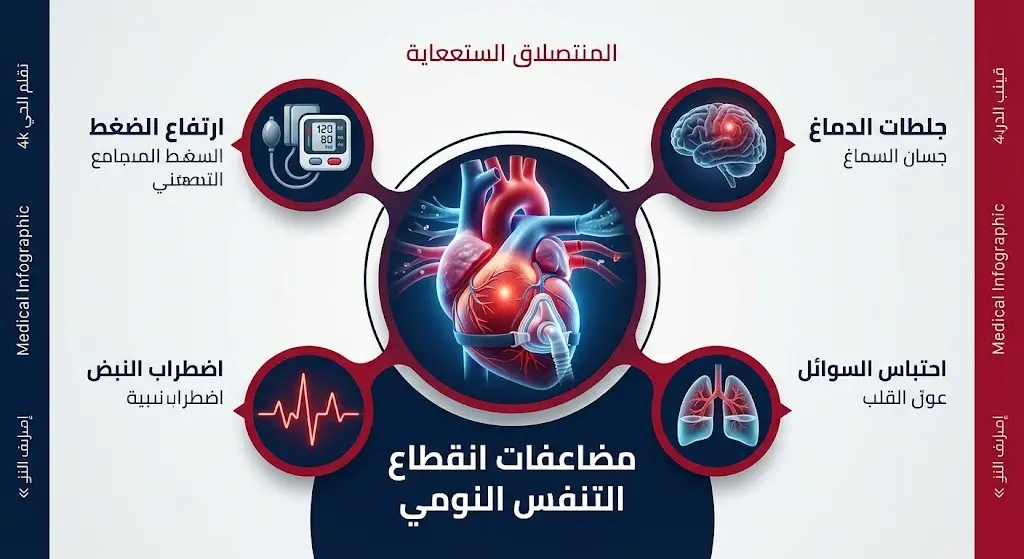 إنفوجرافيك طبي تفصيلي يوضح المضاعفات الخطيرة لإهمال علاج انقطاع التنفس أثناء النوم على مرضى القلب مثل جلطات الدماغ واضطراب النبض.