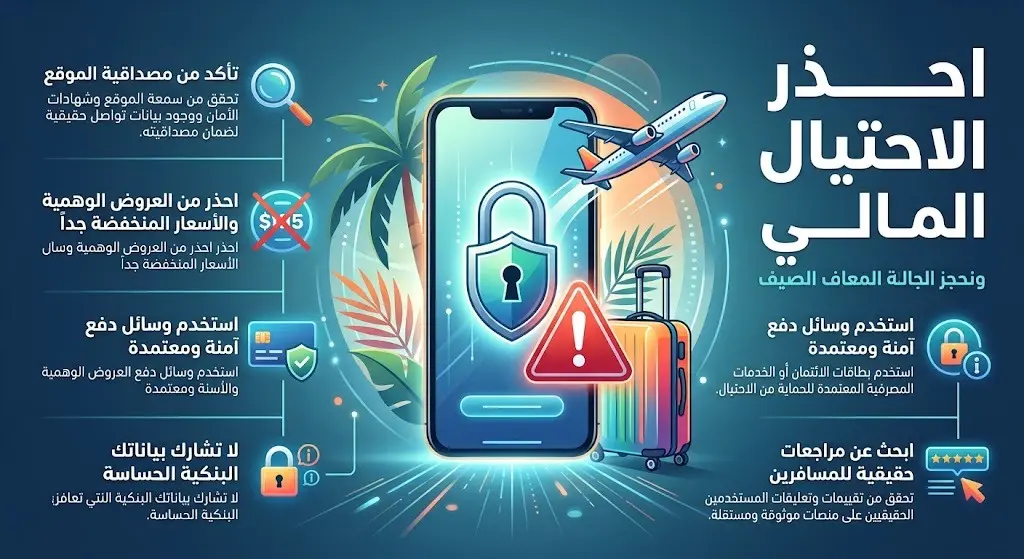 تصميم إنفوجرافيك يوضح تحذيرات البنوك من الاحتيال المالي خلال حجوزات الصيف، يدمج بين رموز السفر والتنبيهات الأمنية الرقمية.