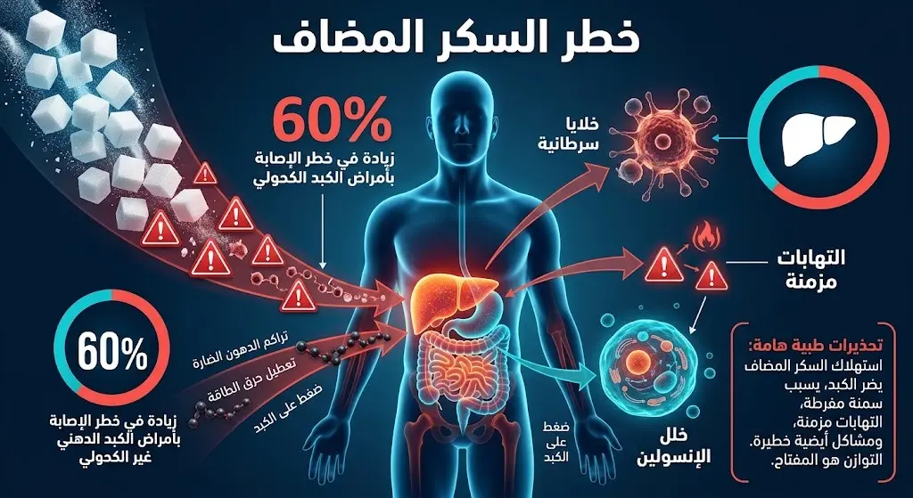 إنفوجرافيك طبي ثلاثي الأبعاد يوضح تأثير السكر المضاف على أجهزة الجسم وارتباطه بزيادة احتمالية الإصابة بالسرطان والالتهابات.