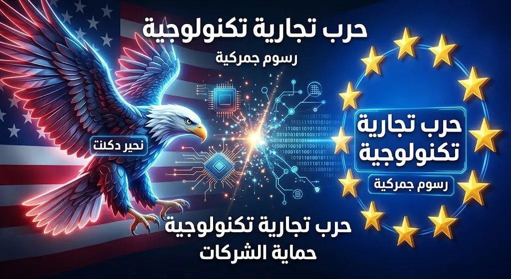 تصميم تعبيري يجسد التوترات التجارية وحرب الرسوم الجمركية بين الولايات المتحدة والاتحاد الأوروبي بشأن شركات التكنولوجيا.