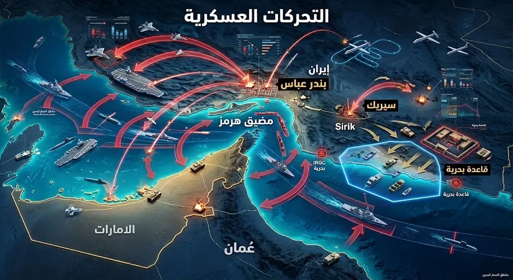خريطة إنفوجرافيك استراتيجية توضح تفاصيل التحركات العسكرية الأمريكية في مضيق هرمز ومواقع الضربات المحتملة.