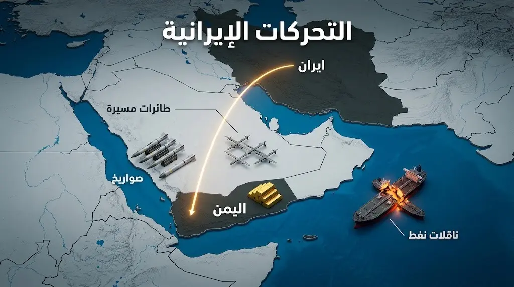 إنفوجرافيك يوضح مسار نقل الأسلحة والمعدات من إيران إلى اليمن واستهداف ناقلتي نفط في الممرات البحرية.