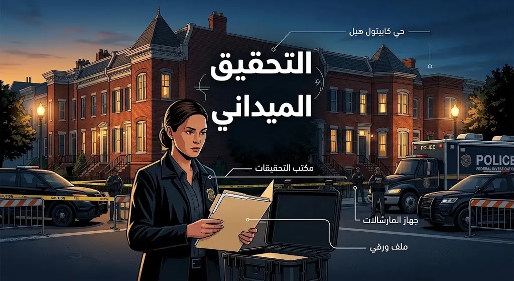 رسم توضيحي يظهر الإجراءات الأمنية وتواجد عناصر مكتب التحقيقات الفيدرالي حول المنزل في حي كابيتول هيل.