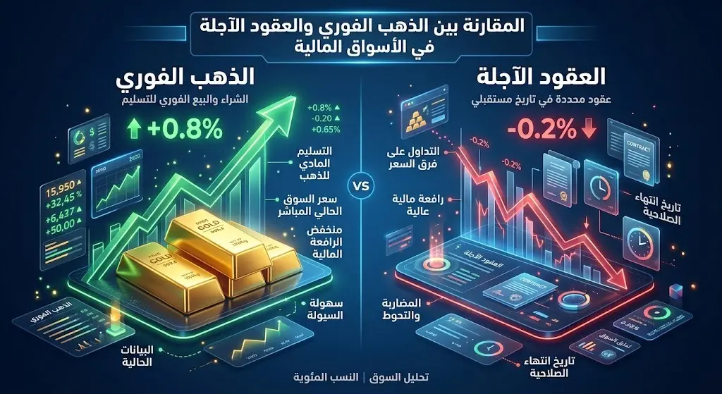 تصميم بياني يوضح الفروق بين التداولات الفورية والعقود الآجلة للذهب مع إبراز نسب الارتفاع والتراجع.