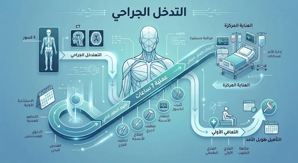 إنفوجرافيك طبي يوضح مراحل التدخل الجراحي للطفل عبدالرحمن بدءاً من الطوارئ وتثبيت الكسور وحتى العناية المركزة.
