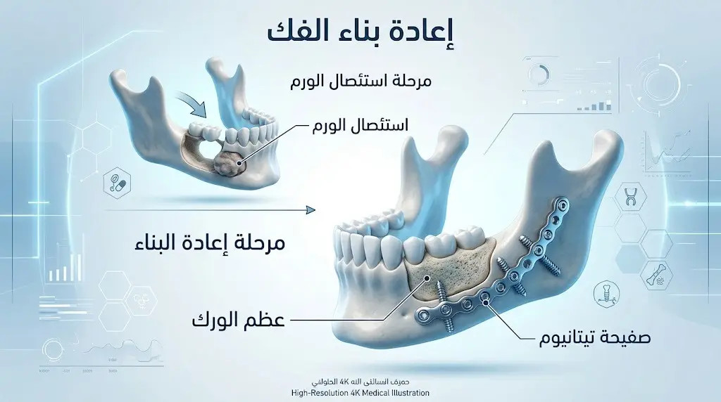 إنفوجرافيك طبي ثلاثي الأبعاد يوضح تفاصيل جراحة استئصال ورم من الفك السفلي وإعادة بنائه وتثبيته باستخدام عظم الورك وصفيحة تيتانيوم.