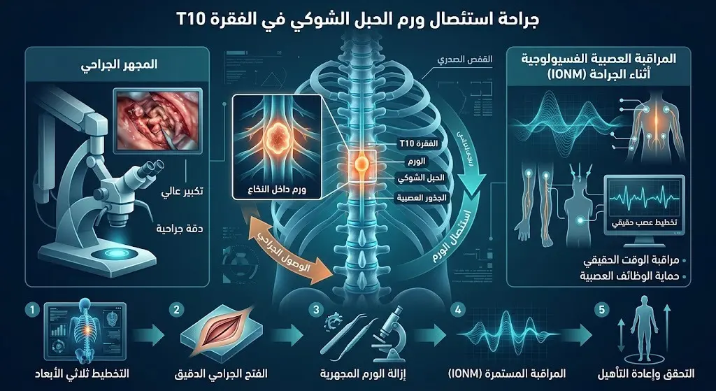 إنفوجرافيك طبي متطور يوضح تقنيات استئصال ورم الحبل الشوكي عند الفقرة الصدرية العاشرة باستخدام المجهر الجراحي وتقنية الرصد العصبي.