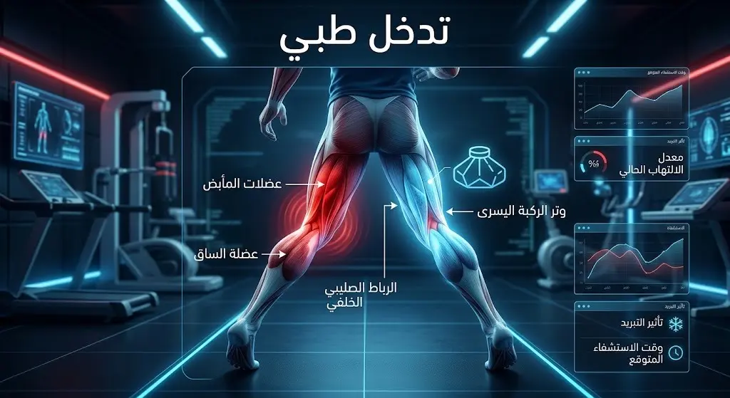 إنفوجرافيك طبي متطور يوضح منطقة إصابة اللاعب ديكلان رايس في وتر الركبة اليسرى واستخدام الثلج للعلاج.