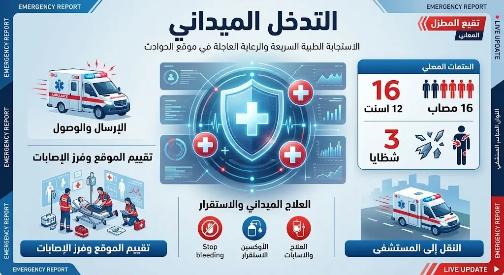 إنفوجرافيك يوضح إحصائيات التدخل الميداني والرعاية الطبية للمصابين، يتضمن أيقونات لسيارات الإسعاف والدرع الأمني، مع نصوص عربية تشير إلى أعداد الإصابات.