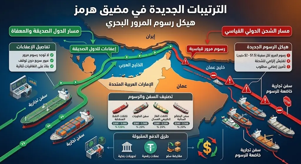 إنفوجرافيك يوضح الترتيبات الجديدة للرسوم الملاحية في مضيق هرمز والتسهيلات المقدمة للدول الصديقة.
