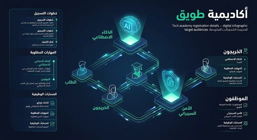 تصميم إنفوجرافيك تقني يبرز الفئات المستهدفة لمعسكرات أكاديمية طويق والمسارات المتاحة كالذكاء الاصطناعي والأمن السيبراني