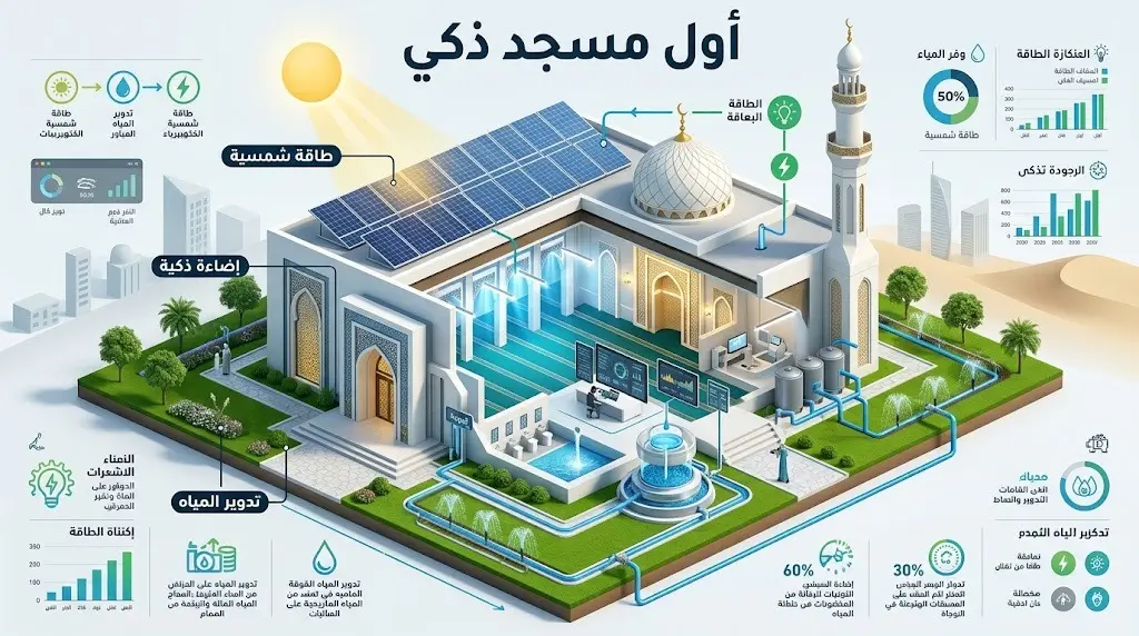 إنفوجرافيك يوضح التفاصيل التشغيلية والأنظمة المستدامة في أول مسجد ذكي في قطر، تشمل الطاقة الشمسية وتدوير المياه.