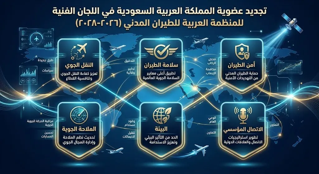 إنفوجرافيك يوضح اللجان الفنية الست التي جُددت عضوية المملكة العربية السعودية فيها ضمن المنظمة العربية للطيران المدني لفترة 2026-2028.