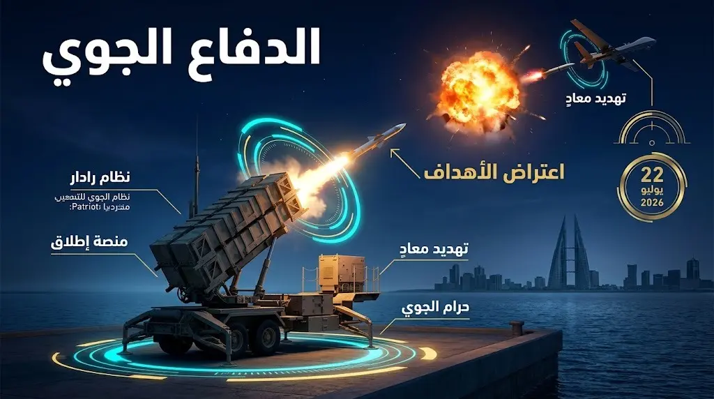 تصميم بصري إخباري يجسد تصدي منظومات الدفاع الجوي البحرينية لاعتداءات بالطائرات المسيرة والصواريخ في سماء المملكة ليلاً، مدعماً بنصوص عربية وبيانات توضيحية.