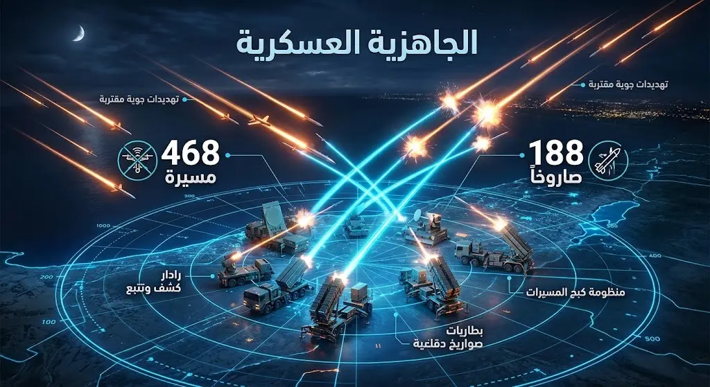 إنفوجرافيك ثلاثي الأبعاد يوضح تصدي منظومات الدفاع الجوي للصواريخ والطائرات المسيرة بفعالية.