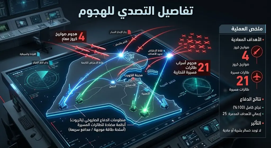 إنفوجرافيك يوضح تصدي الدفاعات الجوية في الكويت لـ 4 صواريخ كروز و21 طائرة مسيرة معادية.