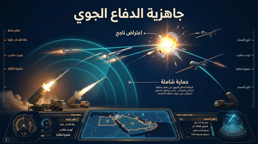 إنفوجرافيك يوضح تصدي الدفاعات الجوية البحرينية للهجمات ورفع مستوى الجاهزية العسكرية وحماية الأجواء.