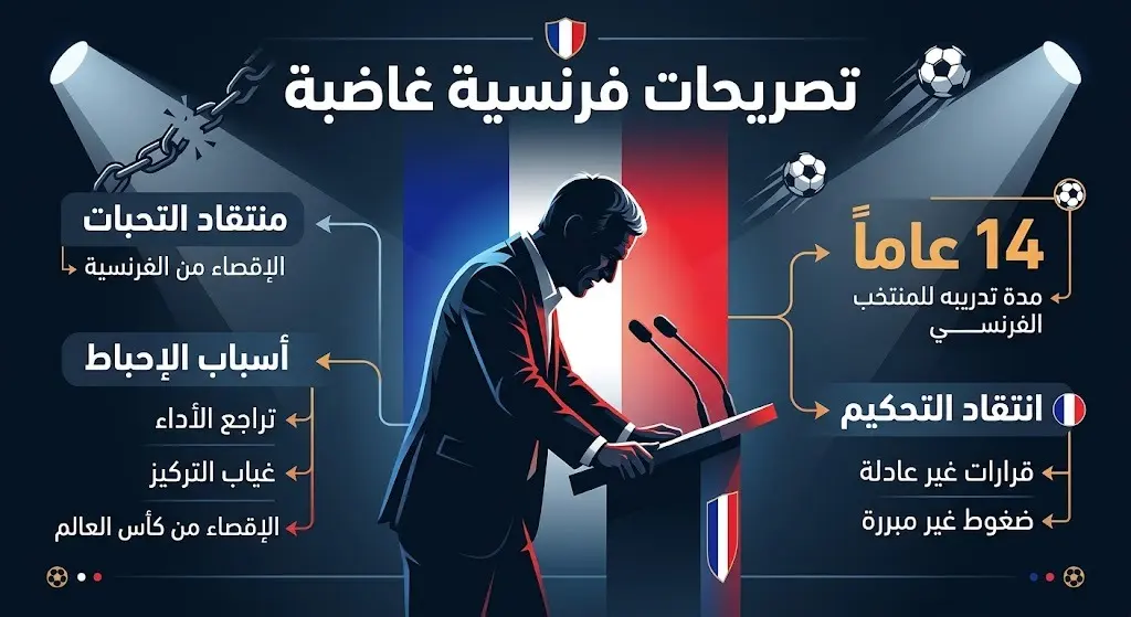 تصميم غرافيكي يظهر ملامح الإحباط في المؤتمر الصحفي للمنتخب الفرنسي مع نصوص عربية تلخص انتقادات ديشامب للتحكيم ونهاية مسيرته بعد 14 عاماً.