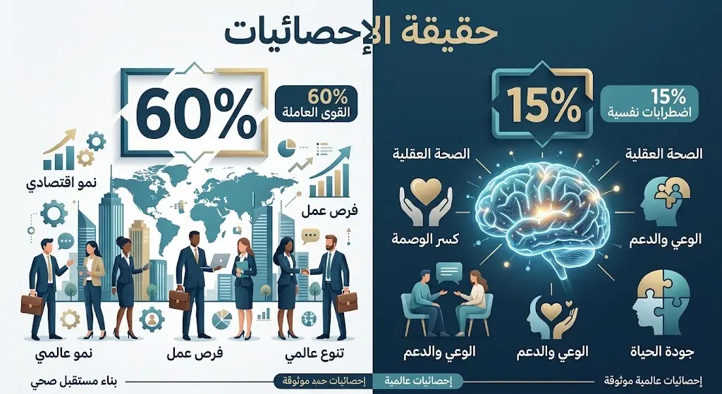 إنفوجرافيك بياني يصحح المعلومات المغلوطة، موضحاً أن نسبة 60% تمثل القوى العاملة عالمياً، بينما 15% فقط في سن العمل يعانون من اضطرابات نفسية.