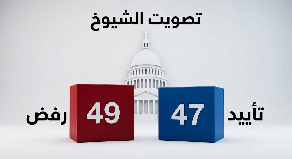 إنفوجرافيك يوضح تفاصيل تصويت مجلس الشيوخ الأمريكي برفض قرار تقييد صلاحيات الحرب بـ 49 صوتاً رافضاً مقابل 47 مؤيداً.