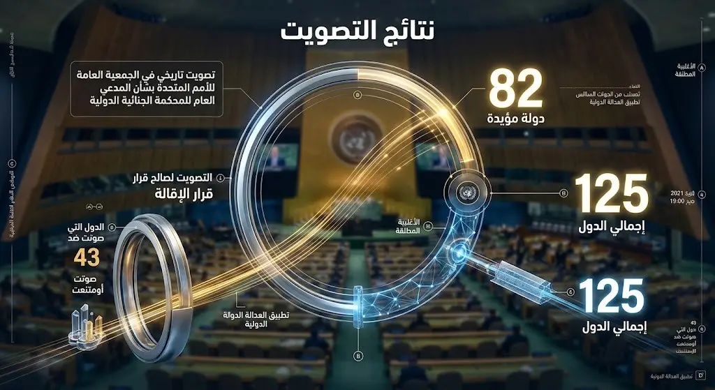 إنفوجرافيك احترافي يوضح نتائج تصويت الدول الأعضاء في نيويورك، حيث أيدت 82 دولة قرار إقالة المدعي العام للمحكمة الجنائية الدولية من أصل 125 دولة.