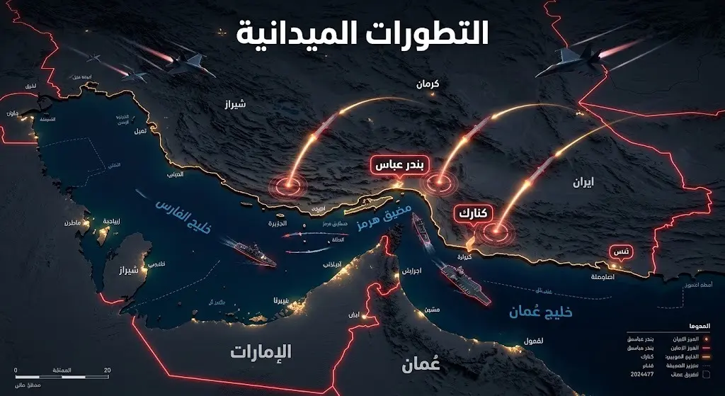 خريطة إنفوجرافيك توضح التطورات الميدانية في المدن الإيرانية ومضيق هرمز ومواقع سقوط الصواريخ