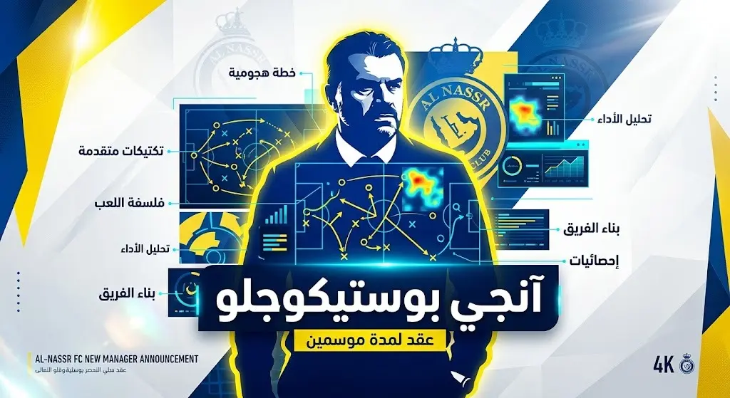 إنفوجرافيك يوضح تفاصيل تعاقد نادي النصر مع المدرب الأسترالي أنجي بوستيكوجلو لمدة موسمين.